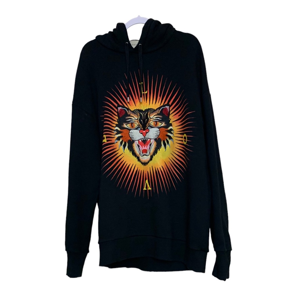 Gucci Angry Cat Applique Oversized Distressed Hoodie 2X Black